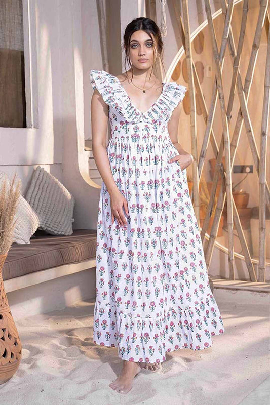 Alaya - Floral Motif Ruffle Maxi Dress