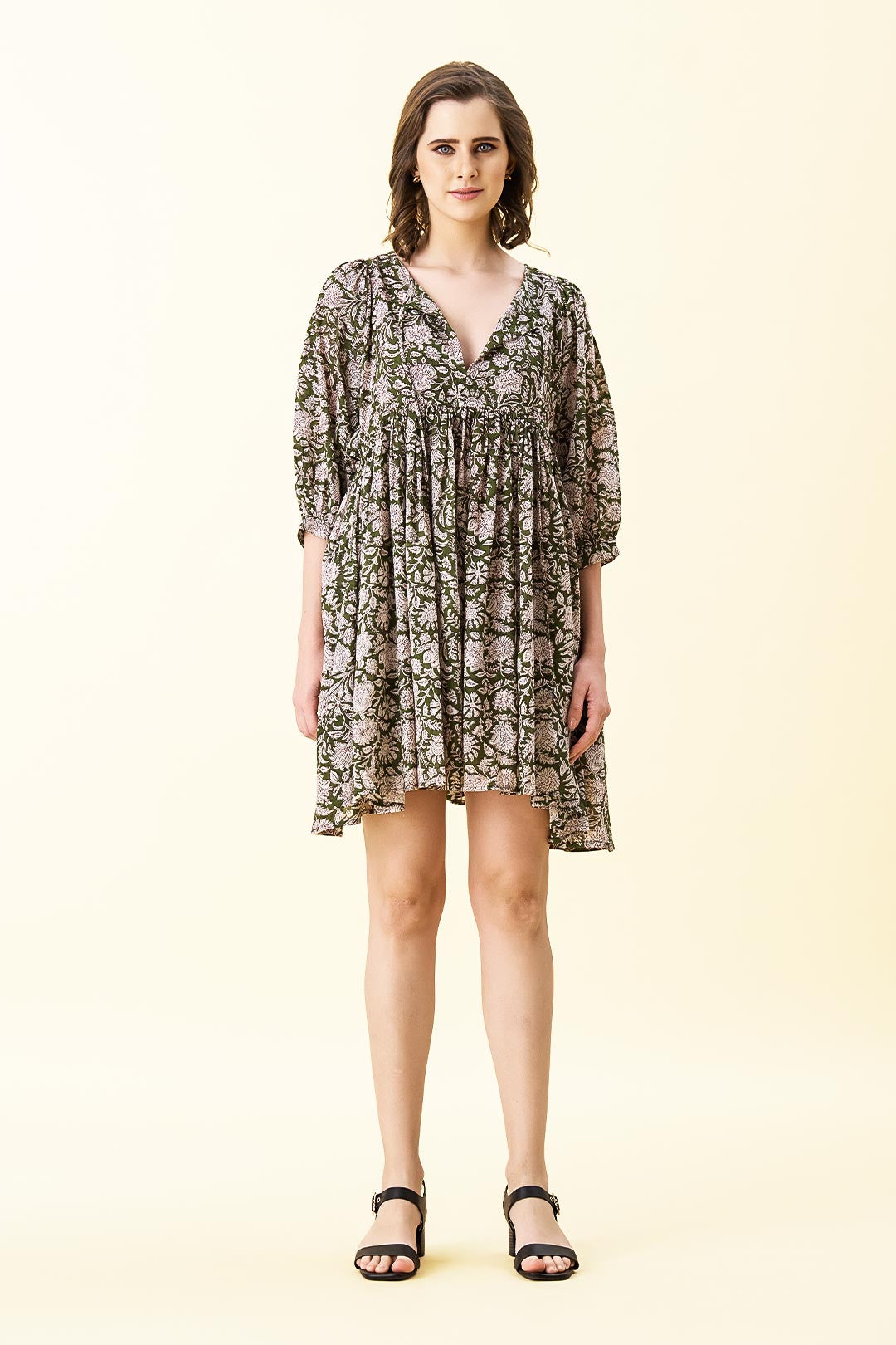 Ava Printed Mini Dress - Olive Green