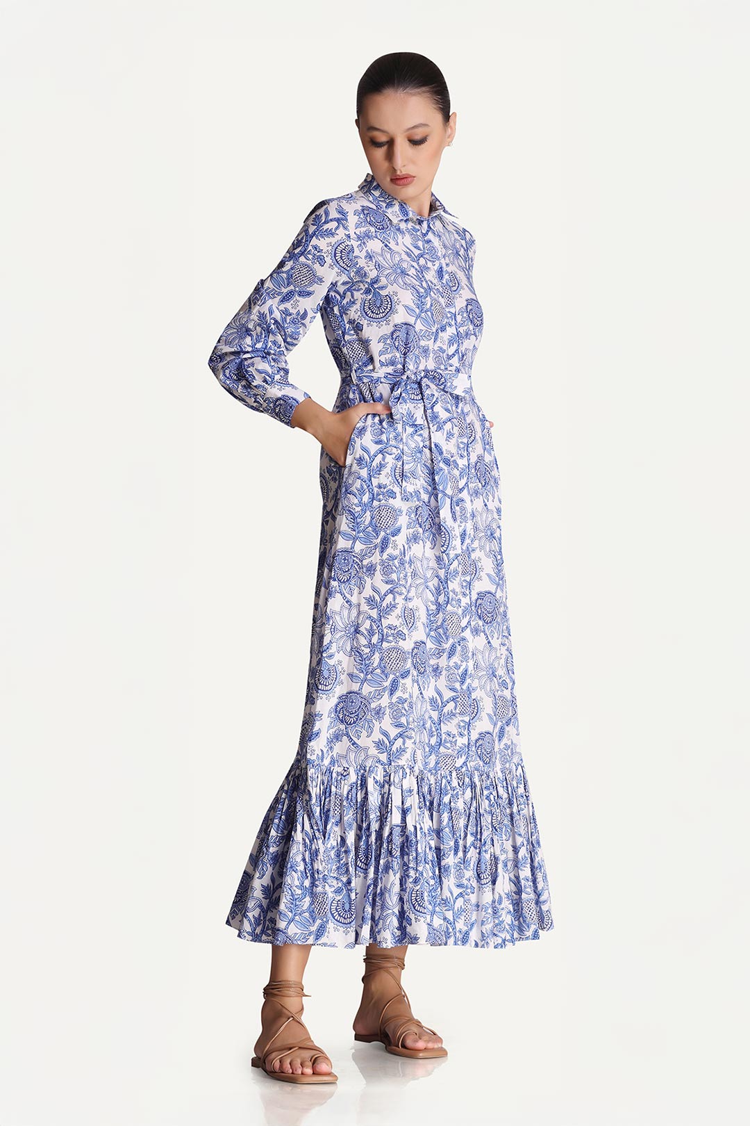 Linda - Porcelain Print Shirt Maxi Dress - Blue