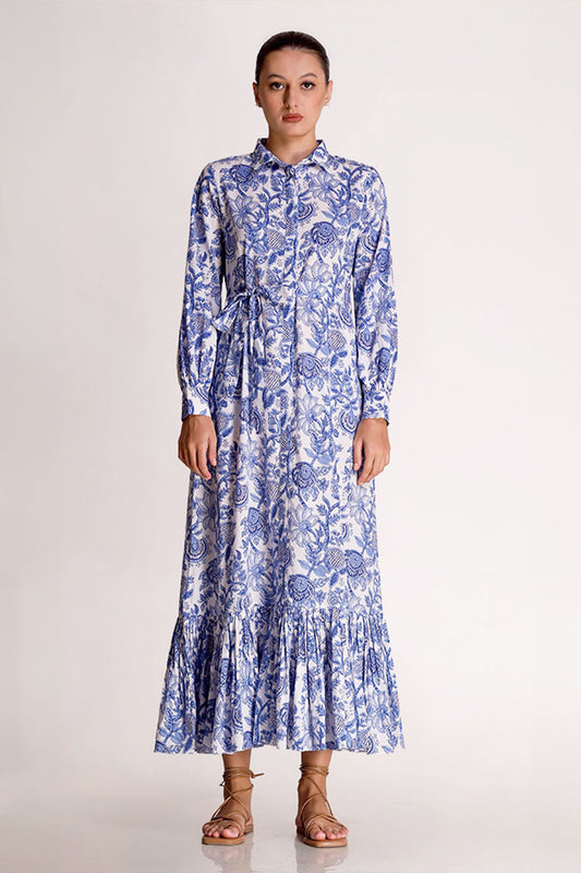 Linda - Porcelain Print Shirt Maxi Dress - Blue