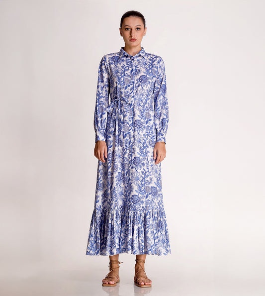 Linda - Porcelain Print Shirt Maxi Dress - Blue