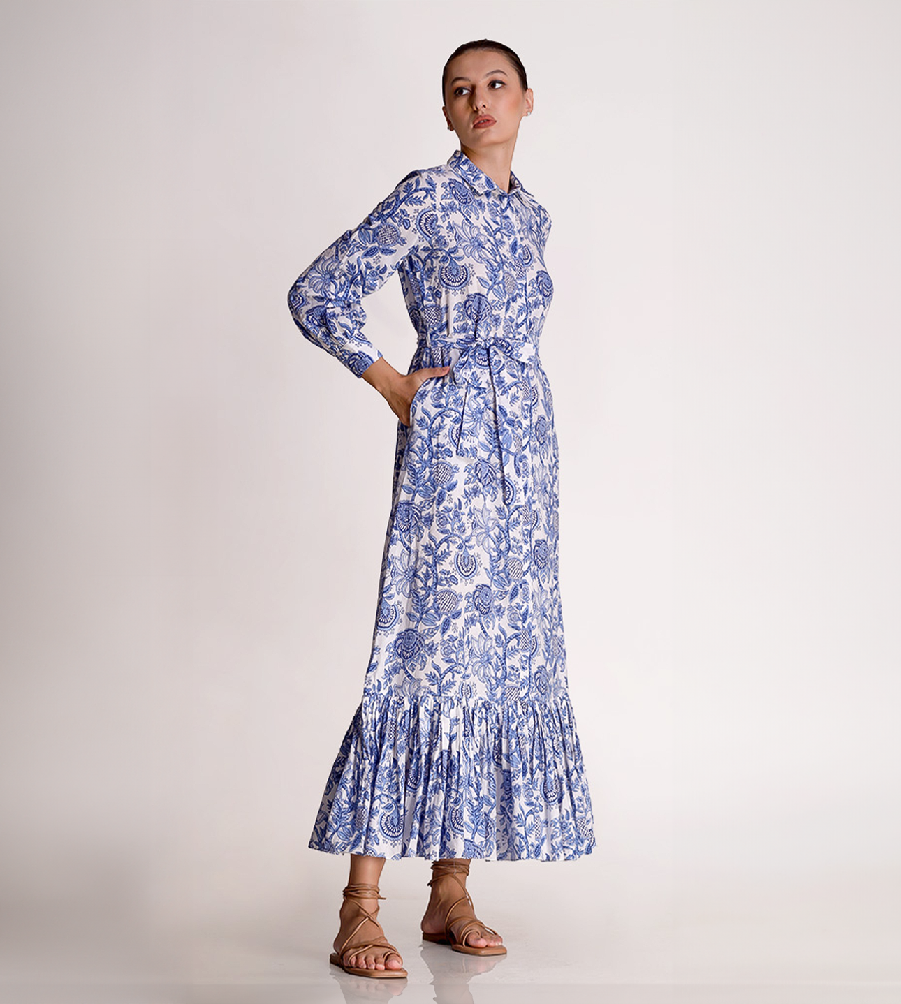 Linda - Porcelain Print Shirt Maxi Dress - Blue