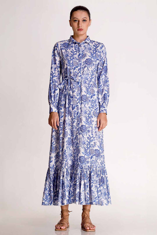 Linda - Porcelain Print Shirt Maxi Dress - Blue