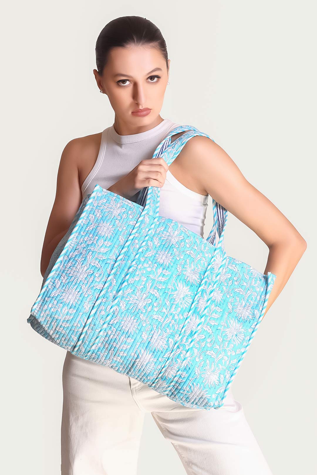 Ava Blue Chrysanthemum Motif Tote Bag