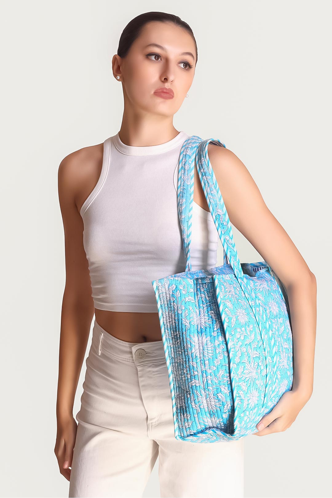 Ava Blue Chrysanthemum Motif Tote Bag