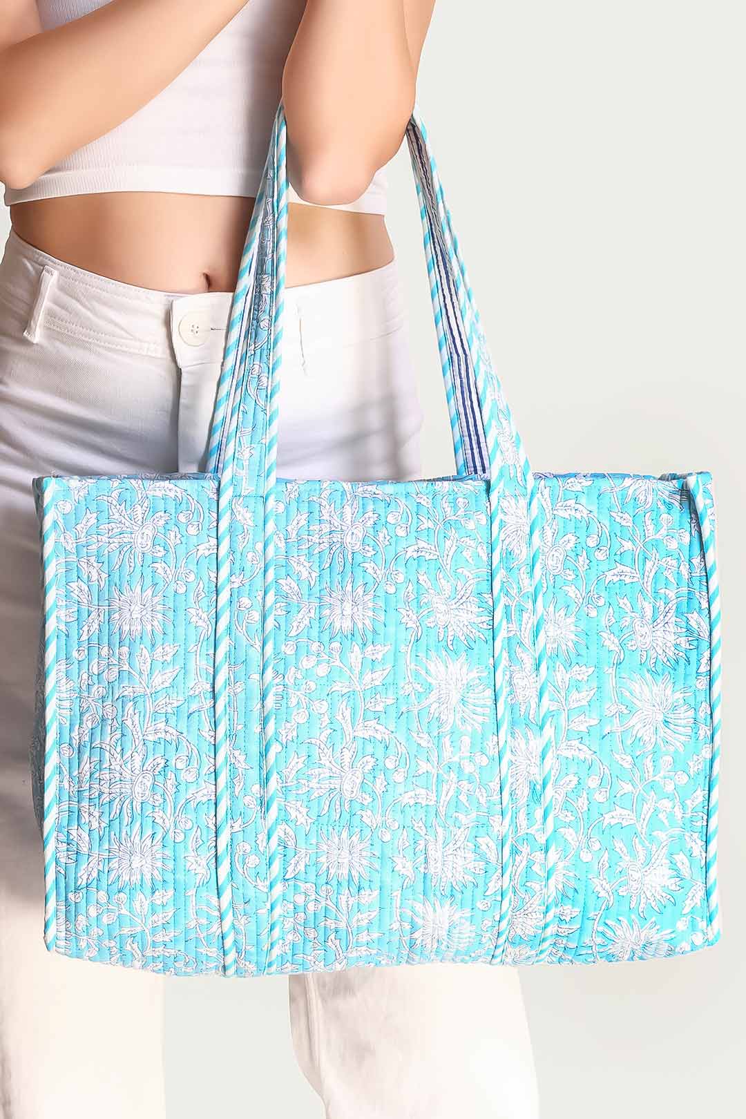 Ava Blue Chrysanthemum Motif Tote Bag