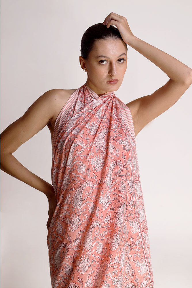 Sophie Cotton White & Peach Paisley Motif Sarong