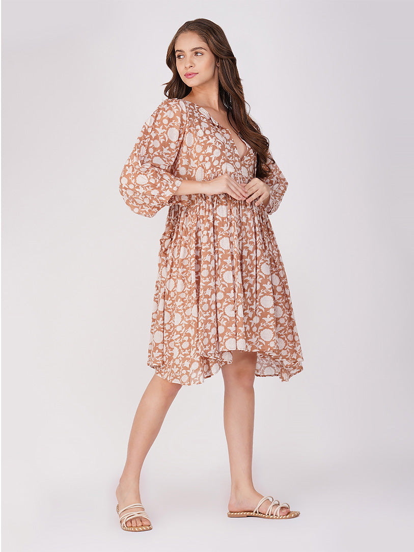 Ava Printed Mini Dress - Mud Brown