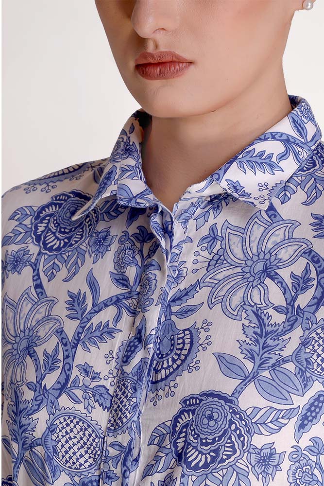 Linda - Porcelain Print Shirt Maxi Dress - Blue