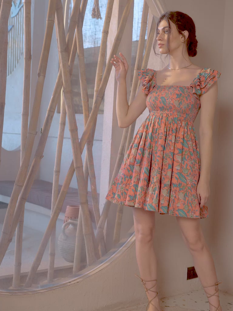 Alexia - Short Ruffle Sleeve Dress - Coral